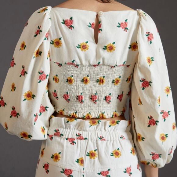 Farm Rio Mixed Cross Stitch Flowers Embroidered Long Balloon Sleeves Crop Top XL - Picture 14 of 14